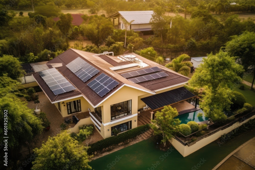 Solar panels on roof of the house renewable energy . Generative AI Solar panels on roof of the house renewable energy . Generative AI
