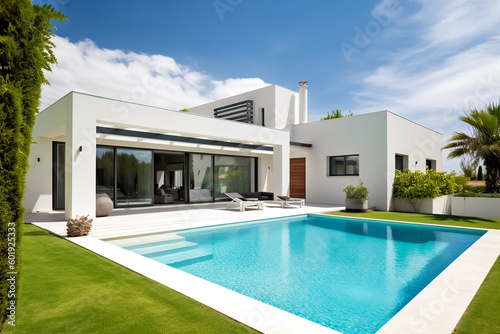 Exterior modern white villa with pool and garden © Ployker