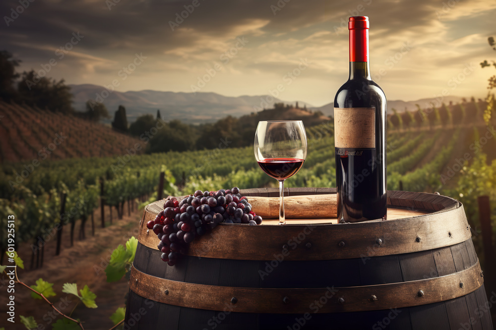 Red wine bottle and wine glass on wooden barrel with vineyard background