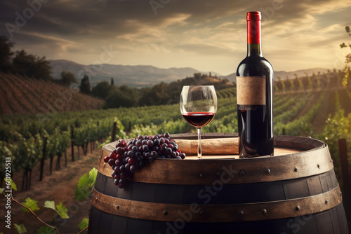 Red wine bottle and wine glass on wooden barrel with vineyard background