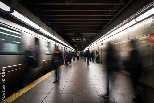 People getting off the subway train. Motion blur. City life.