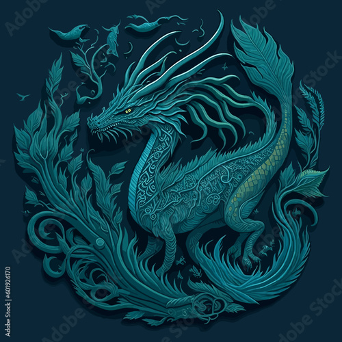 Mythical Blue Chinese Dragon Illustration