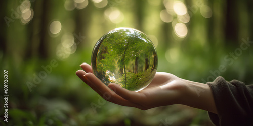 Hands Holding Globe Glass In Green Forest - Environment Concept, web banner size