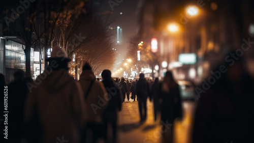 Blurred image of people moving in crowded night city street. Blur effect