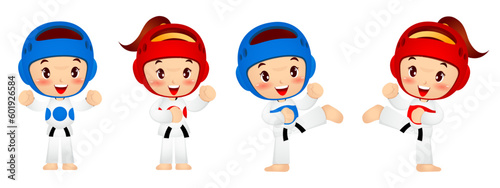 Set of difference pose cute boy and girl doing karate move, taekwondo (Vector)
