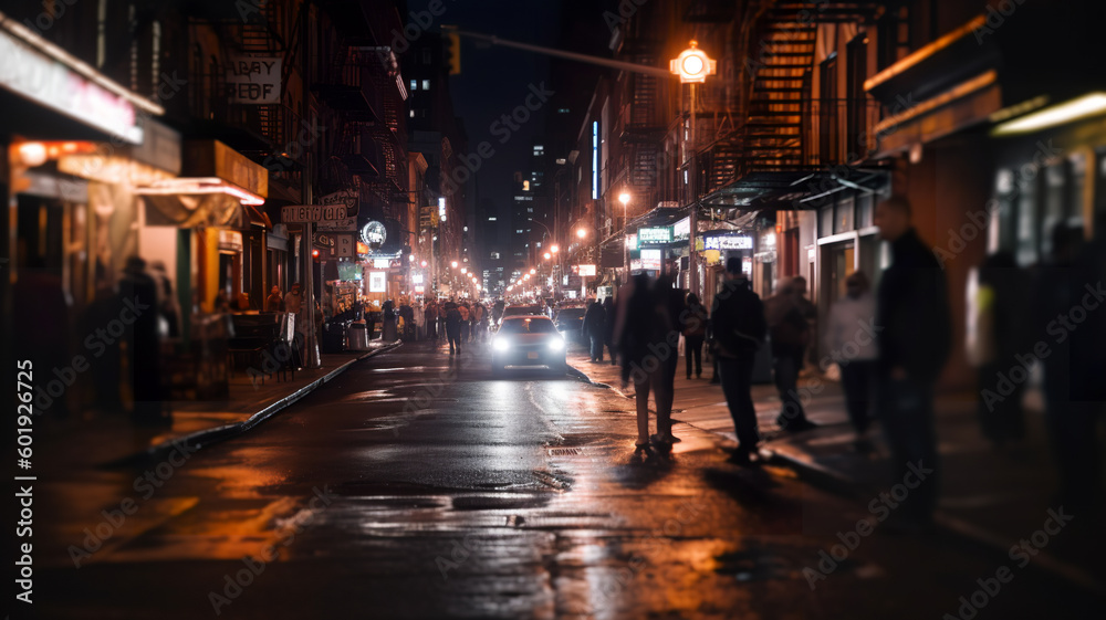 Crowd of anonymous people walking on busy city night streets