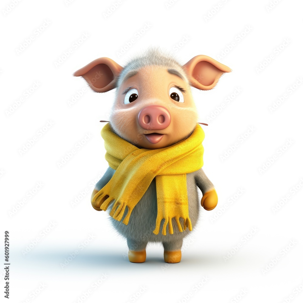 Fototapeta premium cute pig cartoon character wearing a yellow scarf on white background created using generative AI tools