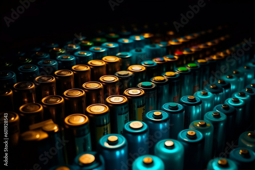 Rows of lithium batteries on a dark background. Generative AI