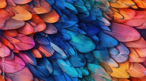 seamless detailed view of tropical bird wing texture, vibrant and iridescent, close up, background texture, tile, generative ai