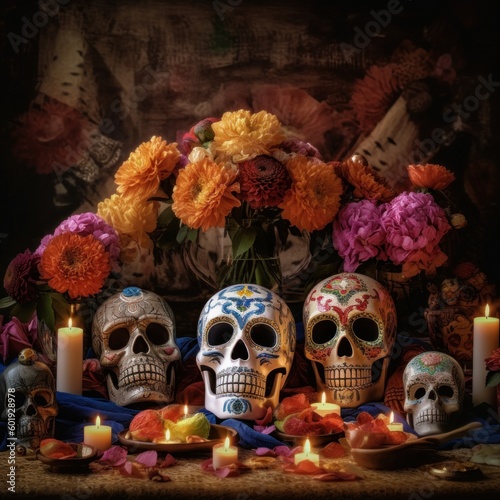 Day of the dead Sugar skulls with flowers and candles, Generative AI