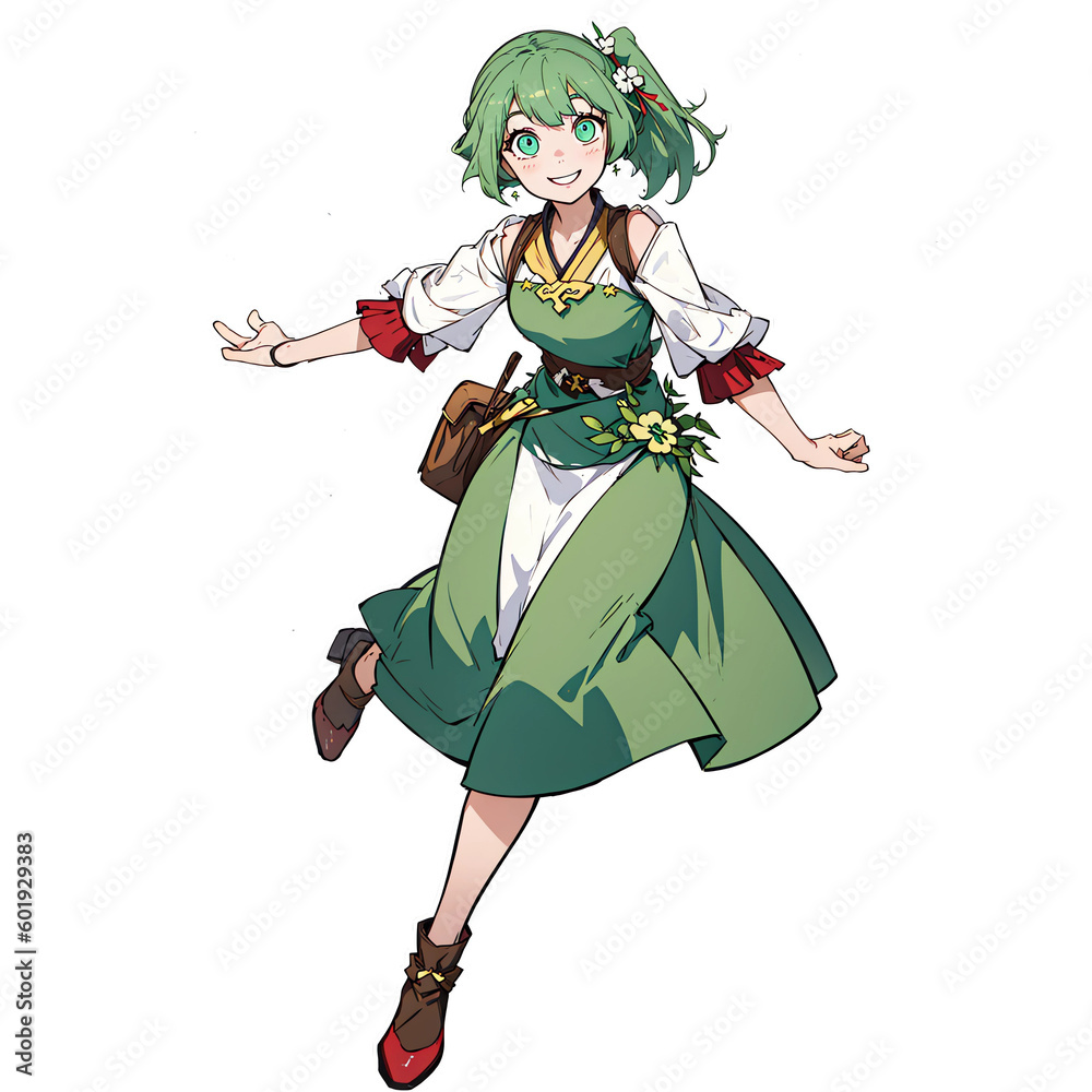 Cute happy anime girl in green - Generative AI Cute happy anime girl in green - Generative AI