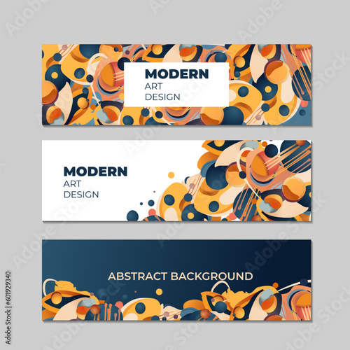 Art exhibition banners, modern exposition. Abstract background with colorful painting stains. Modern paints, acrylic design. Vector horizontal banner of gallery or museum