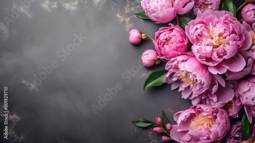 Pink flowers on a grey background - mockup copyspace template created using generative AI tools
