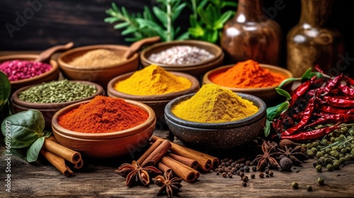 Fototapeta Naklejka Na Ścianę i Meble -  Assortement of different spice on a kitchen table created using generative AI tools