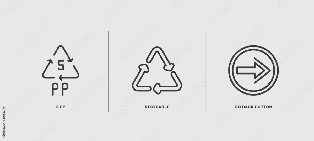 set of user interface thin line icons. user interface outline icons included 5 pp, recycable, go back button vector. set of user interface thin line icons. user interface outline icons included 5 pp, recycable, go back button vector.