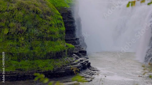 Close Up Detail Bottom of Upper Falls in Letchworth State Park Slow Motion. Close up shot of the bottom aprt of the upper falls at Letchworth State Park in slow motion photo