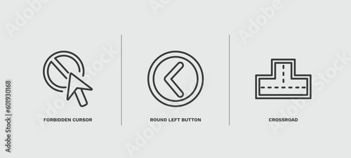 set of user interface thin line icons. user interface outline icons included forbidden cursor, round left button, crossroad vector.