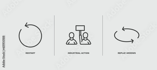 set of user interface thin line icons. user interface outline icons included restart, industrial action, replay arrows vector.