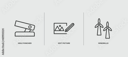 set of tools and utensils thin line icons. tools and utensils outline icons included hole puncher, edit picture, windmills vector. photo