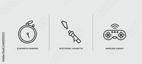 set of technology thin line icons. technology outline icons included stopwatch running, electronic cigarette, wireless gadget vector.