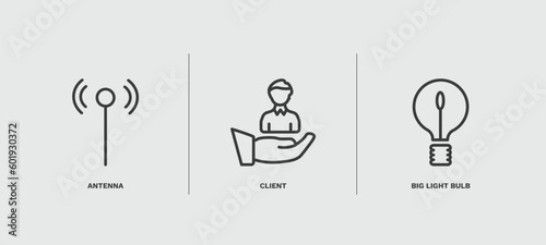set of technology thin line icons. technology outline icons included antenna, client, big light bulb vector.