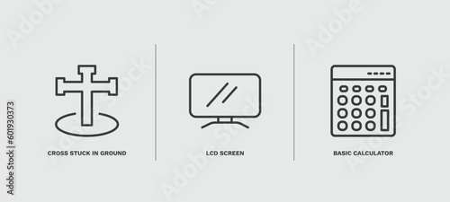set of technology thin line icons. technology outline icons included cross stuck in ground, lcd screen, basic calculator vector.