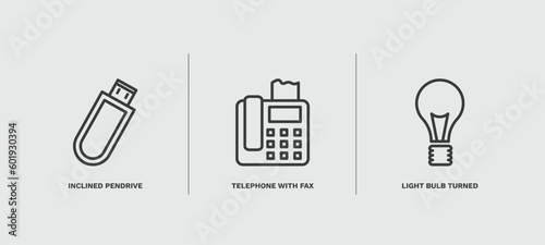 set of technology thin line icons. technology outline icons included inclined pendrive, telephone with fax, light bulb turned off vector.