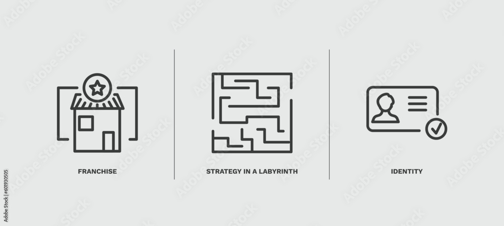 set of startup and strategy thin line icons. startup and strategy outline icons included franchise, strategy in a labyrinth, identity vector.