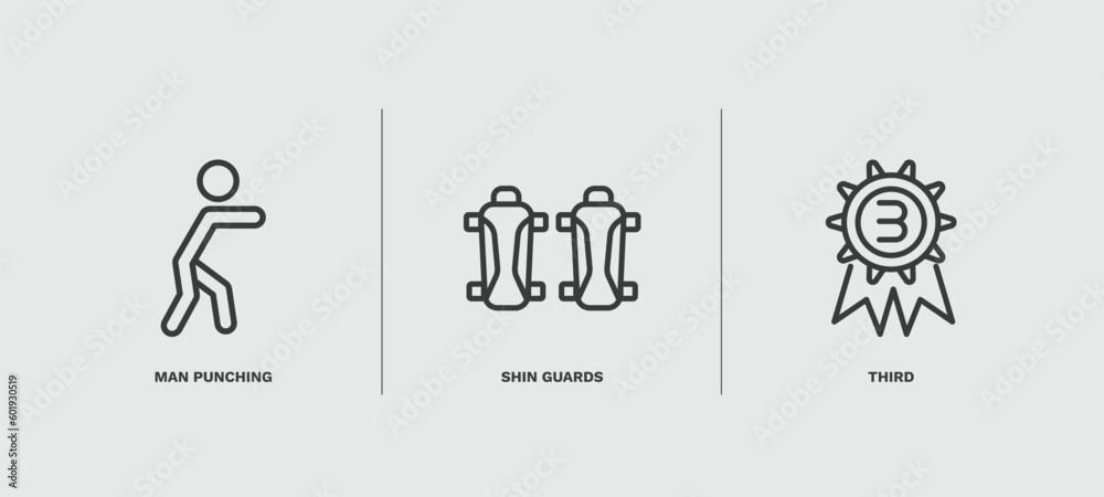 Fototapeta premium set of sport and games thin line icons. sport and games outline icons included man punching, shin guards, third vector.