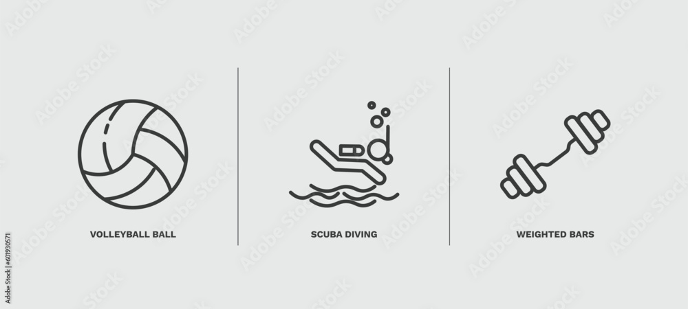 set of sport and game thin line icons. sport and game outline icons included volleyball ball, scuba diving, weighted bars vector. set of sport and game thin line icons. sport and game outline icons included volleyball ball, scuba diving, weighted bars vector.