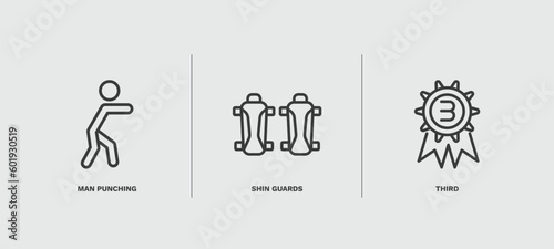 set of sport and games thin line icons. sport and games outline icons included man punching, shin guards, third vector.