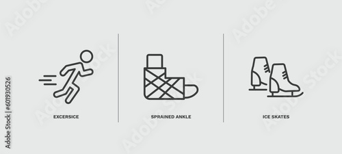 set of sport and games thin line icons. sport and games outline icons included excersice, sprained ankle, ice skates vector.
