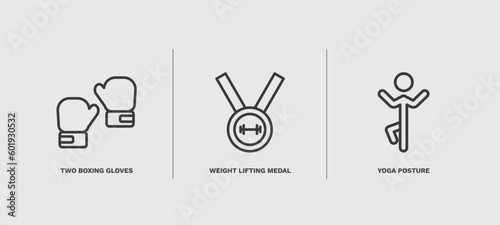 set of sport and games thin line icons. sport and games outline icons included two boxing gloves, weight lifting medal, yoga posture vector.