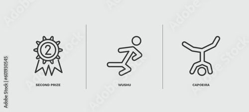 set of sport and games thin line icons. sport and games outline icons included second prize, wushu, capoeira vector.
