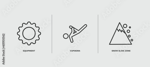 set of sport and game thin line icons. sport and game outline icons included equipment, capoeira, snow slide zone vector.