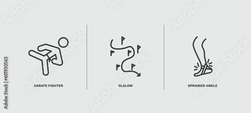set of sport and game thin line icons. sport and game outline icons included karate fighter, slalom, sprained ankle vector.