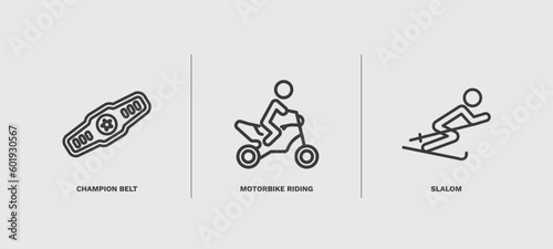 set of sport and games thin line icons. sport and games outline icons included champion belt, motorbike riding, slalom vector.