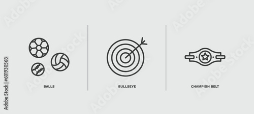 set of sport and game thin line icons. sport and game outline icons included balls, bullseye, champion belt vector.