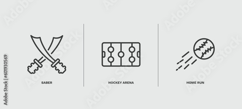 set of sport and game thin line icons. sport and game outline icons included saber, hockey arena, home run vector.