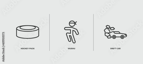set of sport and game thin line icons. sport and game outline icons included hockey puck, wushu, drift car vector.