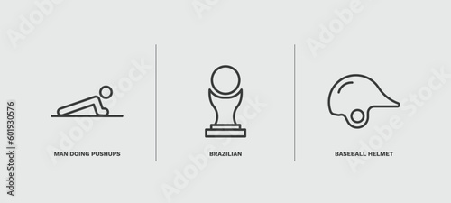 set of sport and game thin line icons. sport and game outline icons included man doing pushups, brazilian, baseball helmet vector.