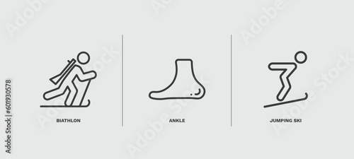 set of sport and game thin line icons. sport and game outline icons included biathlon, ankle, jumping ski vector.