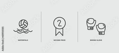 set of sport and game thin line icons. sport and game outline icons included waterpolo, second prize, boxing glove vector.