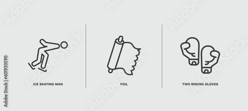 set of sport and game thin line icons. sport and game outline icons included ice skating man, foil, two boxing gloves vector.