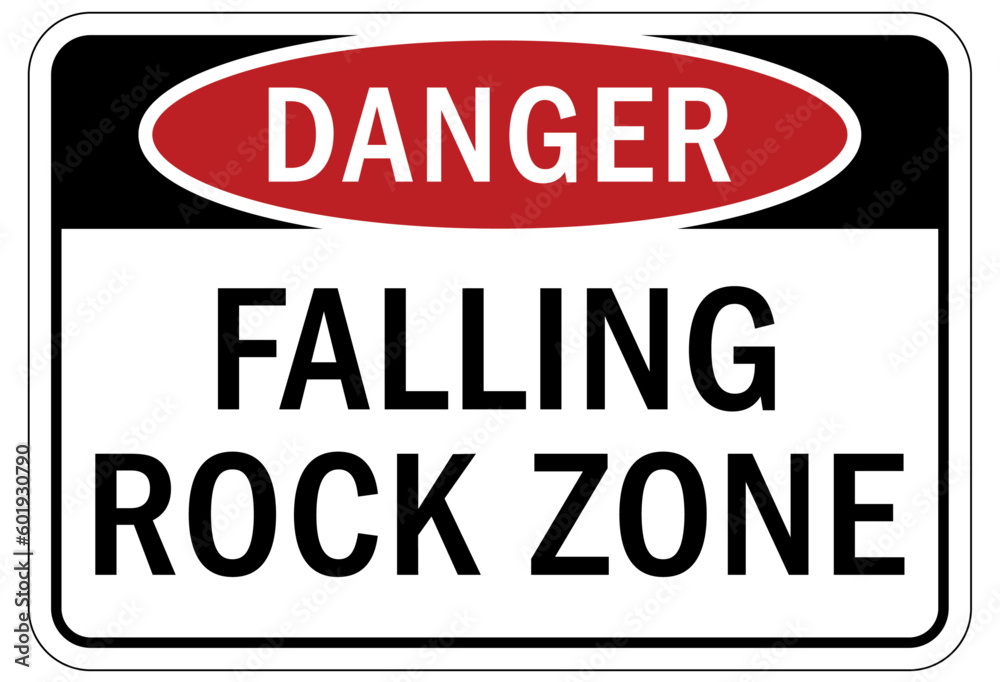 Falling rock warning sign and labels