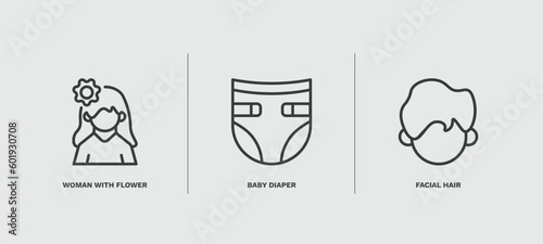 set of people and relation thin line icons. people and relation outline icons included woman with flower, baby diaper, facial hair vector.