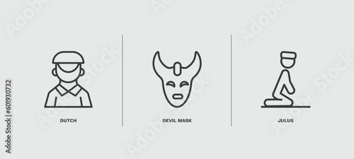 set of people and relation thin line icons. people and relation outline icons included dutch, devil mask, julus vector.