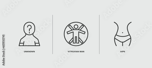 set of people and relation thin line icons. people and relation outline icons included unknown, vitruvian man, hips vector.