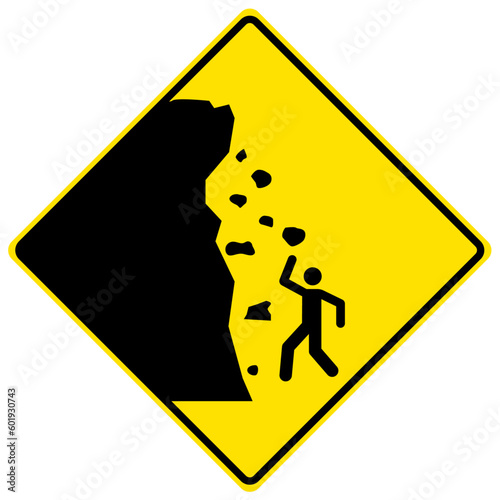 Falling rock warning sign and labels