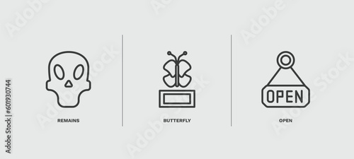 set of museum and exhibition thin line icons. museum and exhibition outline icons included remains, butterfly, open vector.